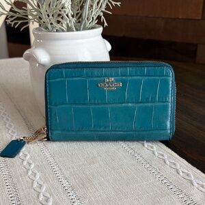 Coach Teal Croc-Embossed Zip Around Wallet with Gold Hardware